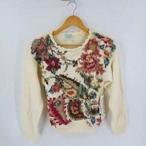 Vintage Hand Knit Floral Sweater Cream Size S Granny Cottage Deadstock